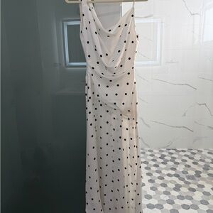Reformation One Shoulder White Maxi Slip Dress with Black Polka Dots